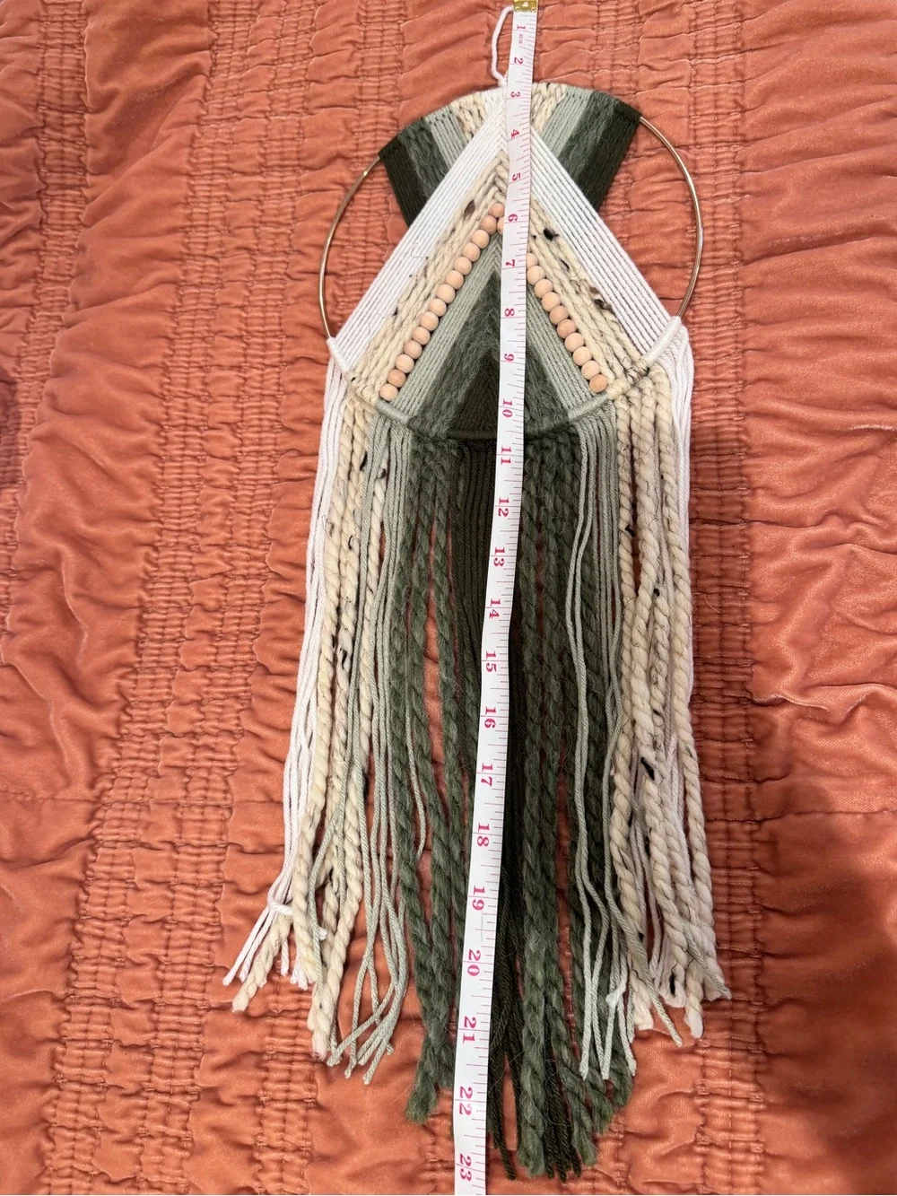 Dark Green and Beige Beaded Yarn Hoop Wall Hanging Macrame Wall Art